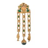 AN ANTIQUE PASTE CHATELAINE BROOCH designed as a chatelaine suspending a fob set with a cabochon ...
