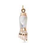 A HARDSTONE FIGA PENDANT in yellow gold, set with an iridescent hard stone carved in the form of ...