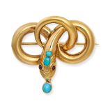 AN ANTIQUE VICTORIAN TURQUOISE AND GARNET SNAKE BROOCH in 15ct yellow gold, designed as a coiled ...