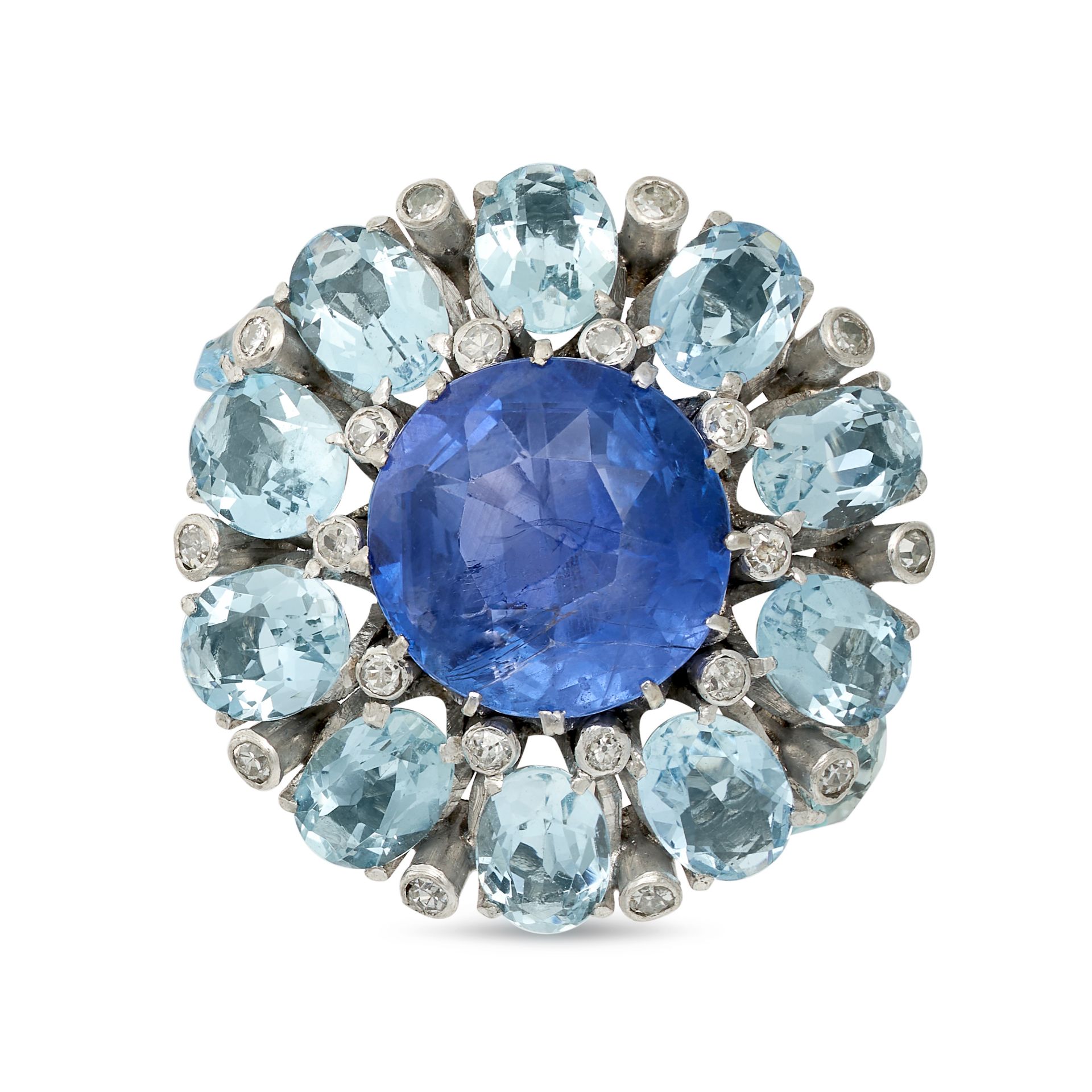 A SAPPHIRE, AQUAMARINE AND DIAMOND COCKTAIL RING in white gold, set with a round cut sapphire of ...
