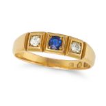 AN ANTIQUE SAPPHIRE AND DIAMOND RING in 18ct yellow gold, set with a round cut sapphire, accented...