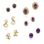 SIX PAIRS OF GEMSET EARRINGS in yellow gold, comprising three pairs set with amethysts, two set w...