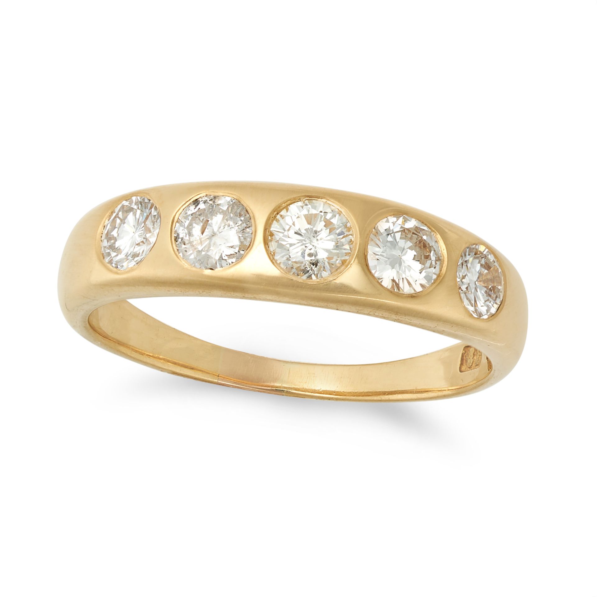 A DIAMOND BAND RING in 18ct yellow gold, set with five round brilliant cut diamonds all totalling...