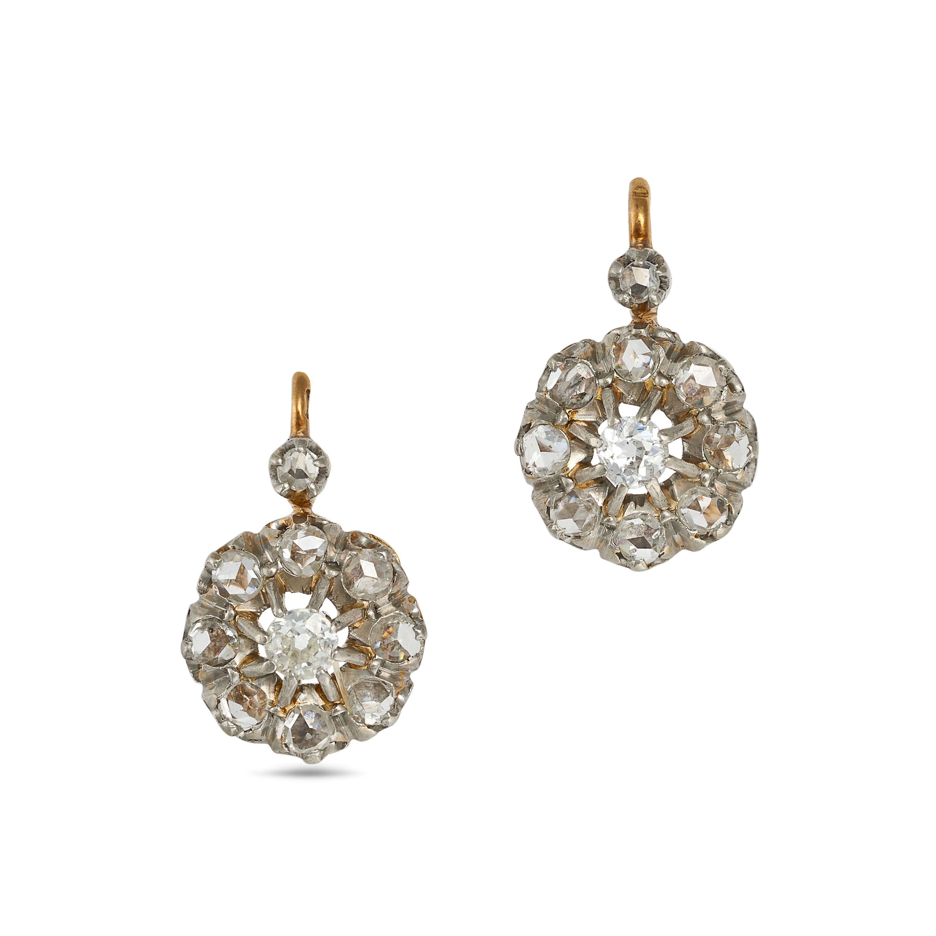 A PAIR OF ANTIQUE FRENCH DIAMOND CLUSTER EARRINGS in yellow gold, each set with an old cut diamon...