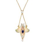 AN ANTIQUE ART NOUVEAU SAPPHIRE, PEARL, DIAMOND AND ENAMEL PENDANT NECKLACE in yellow gold, the p...