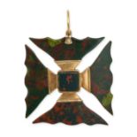AN ANTIQUE BLOODSTONE MALTESE CROSS PENDANT in yellow gold, designed as a Maltese cross set with ...