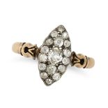 AN ANTIQUE DIAMOND NAVETTE RING in yellow gold and silver, the navette shaped face set with old c...