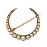 AN ANTIQUE PEARL CRESCENT MOON BROOCH in 9ct yellow gold, set with a row of graduating pearls, no...