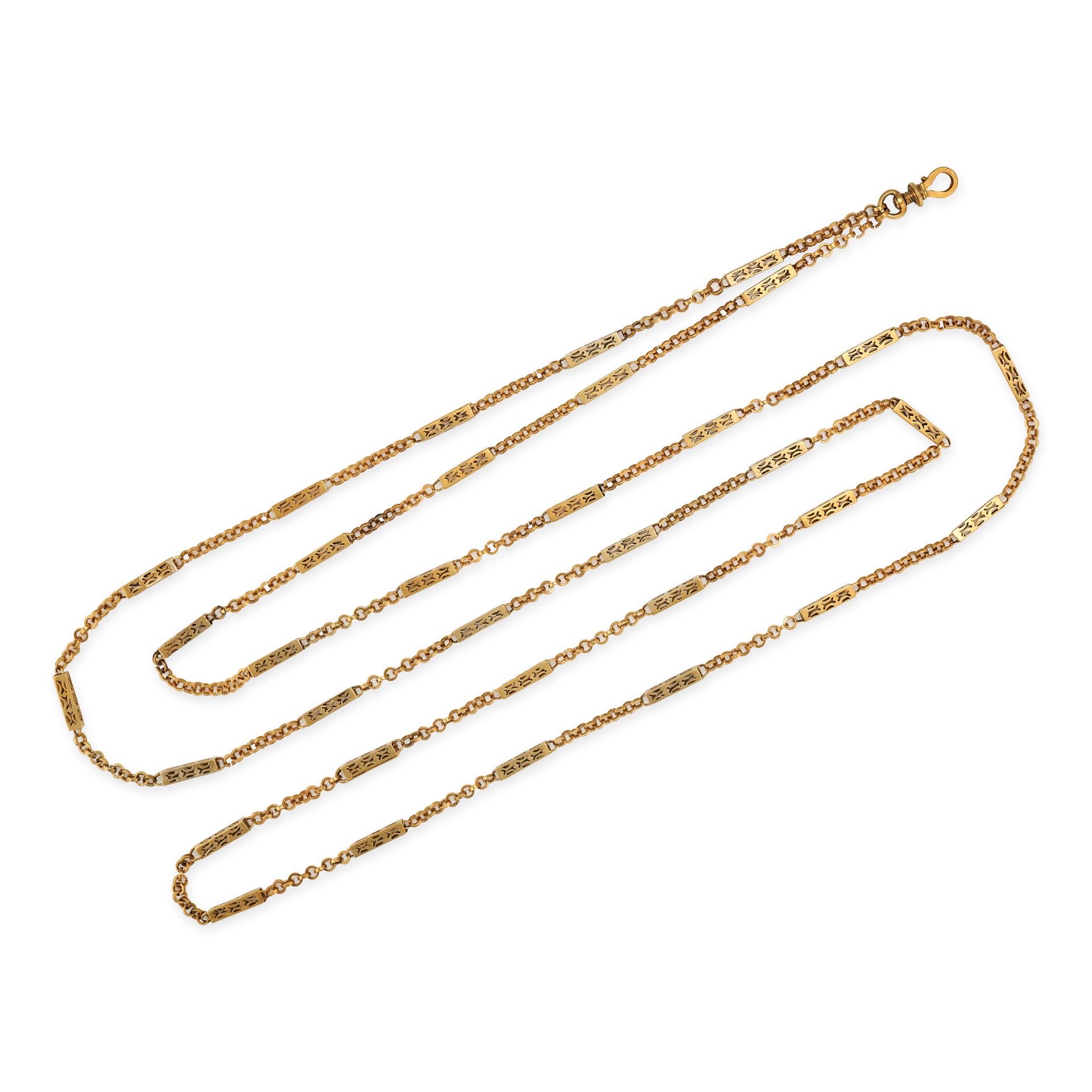 AN ANTIQUE GOLD GUARD CHAIN NECKLACE, 19TH CENTURY in yellow gold, comprising a row of belcher an...