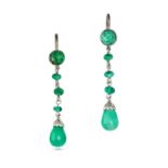 A PAIR OF EMERALD DROP EARRINGS in white gold, each set with a cabochon emerald suspending emeral...