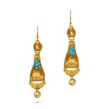 A PAIR OF ANTIQUE TURQUOISE DROP EARRINGS in yellow gold, each set with a cluster of cabochon tur...