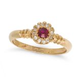 AN ANTIQUE RUBY AND DIAMOND CLUSTER RING in 18ct yellow gold, set a round cut ruby in a cluster o...