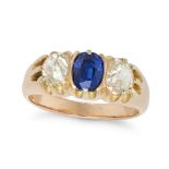 A SAPPHIRE AND DIAMOND THREE STONE RING in rose gold, set with an oval cut sapphire between two o...
