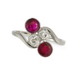 A RUBY AND DIAMOND DRESS RING in white gold, set with old cut diamonds and round cut rubies, no a...