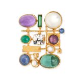 A MODERNIST GEMSET BROOCH in 18ct yellow gold, the rectangular openwork brooch set with cabochon ...