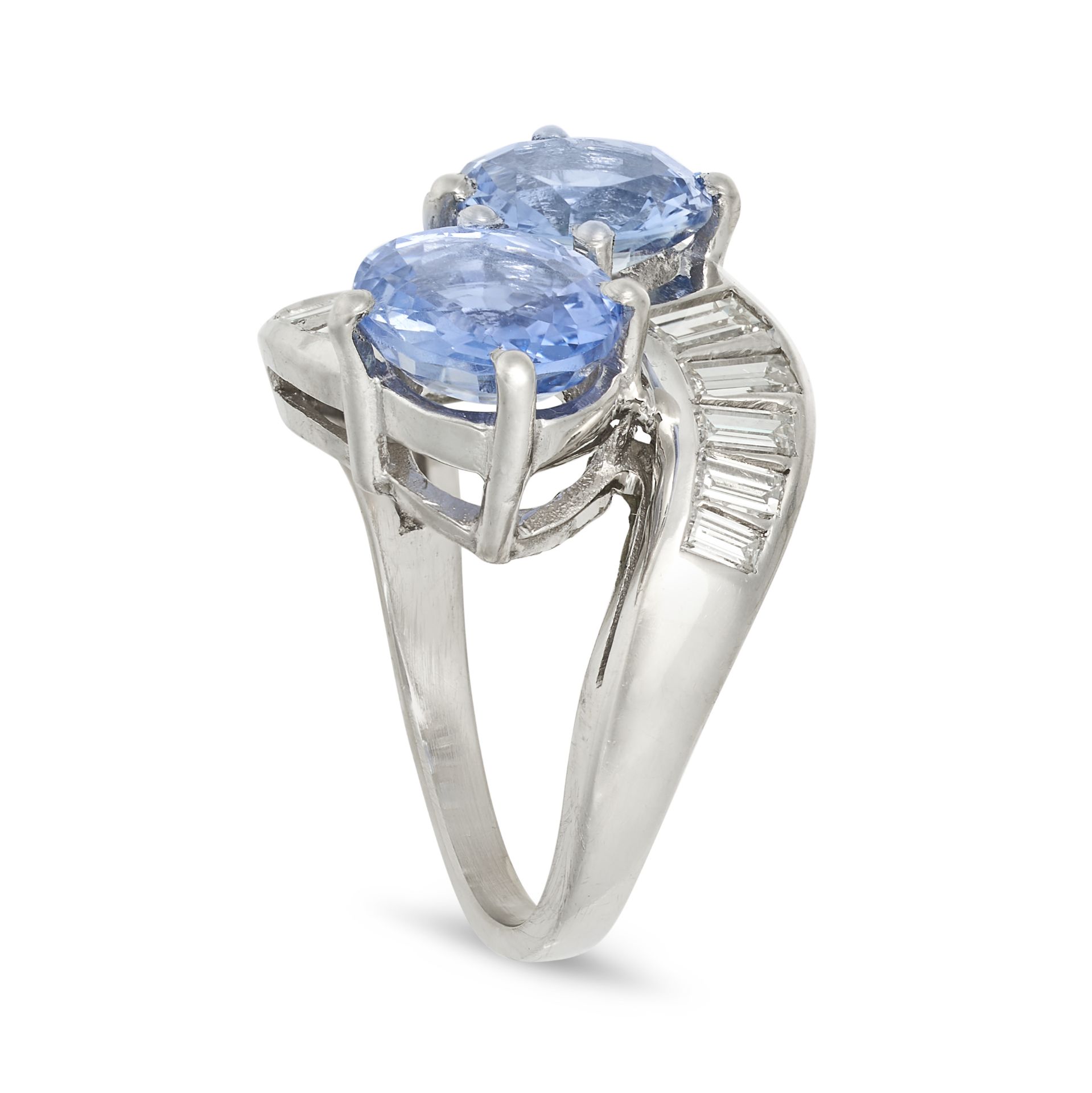 A SAPPHIRE AND DIAMOND TOI ET MOI RING in platinum, set with two round cut sapphires accented by ... - Image 2 of 2