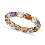 A MULTIGEM HARLEQUIN BRACELET in yellow gold, comprising a row of octagonal step cut gemstones in...