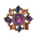 AN ANTIQUE GEORGIAN AMETHYST, SAPPHIRE AND TOPAZ BROOCH in yellow gold, set with a round cut amet...