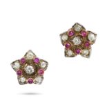 A PAIR OF RUBY AND DIAMOND FLOWER STUD EARRINGS in 18ct white and rose gold, set with old mine cu...