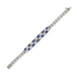 A FINE SAPPHIRE AND DIAMOND BRACELET in gold, comprising a row of round and cushion cut sapphires...