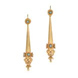 A PAIR OF ANTIQUE TURQUOISE DROP EARRINGS, 19TH CENTURY in yellow gold, the tapering bodies accen...