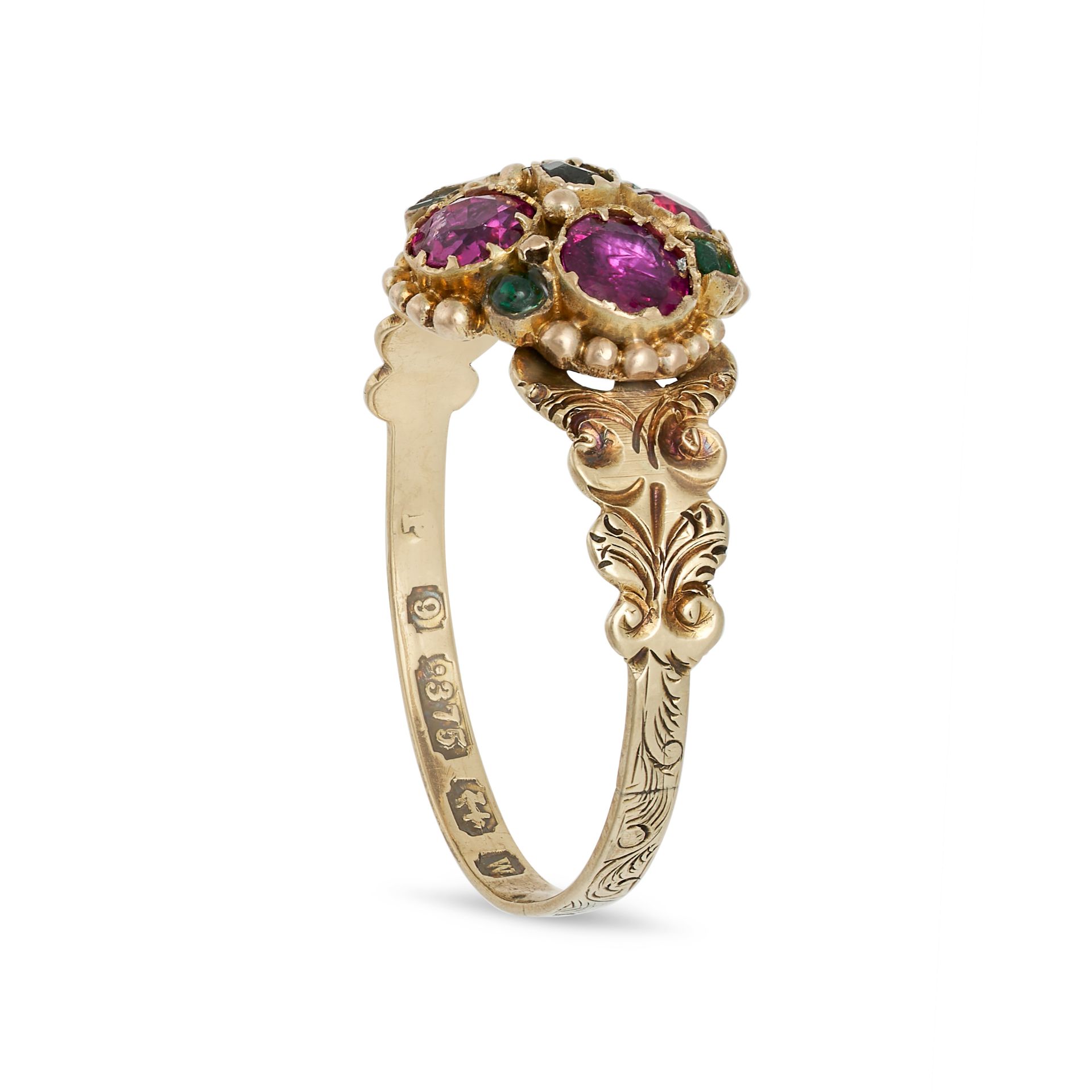 AN ANTIQUE VICTORIAN RUBY AND EMERALD RING in 9ct yellow gold, set with four round cut rubies, ac... - Image 2 of 2