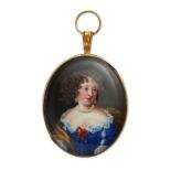 AN ANTIQUE PORTRAIT MINIATURE PENDANT the oval pendant set with a painted miniature of a lady wea...