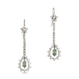 A PAIR OF FANCY GREEN DIAMOND DROP EARRINGS in white gold, each comprising a cluster of round bri...