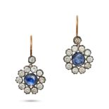 A PAIR OF SAPPHIRE AND DIAMOND CLUSTER DROP EARRINGS in rose gold and silver, each set with round...