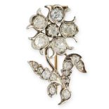 AN ANTIQUE DIAMOND FLOWER BROOCH in yellow gold and silver, designed as a flower set throughout w...
