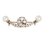 AN ANTIQUE PEARL AND DIAMOND BROOCH in yellow gold, the brooch set with old cut diamonds and term...