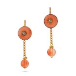 A PAIR OF CORAL AND DIAMOND DROP EARRINGS each comprising a round cabochon coral set with an old ...