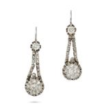 A PAIR OF DIAMOND CLUSTER DROP EARRINGS in 18ct white gold, each set with rows of rose cut diamon...