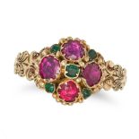 AN ANTIQUE VICTORIAN RUBY AND EMERALD RING in 9ct yellow gold, set with four round cut rubies, ac...