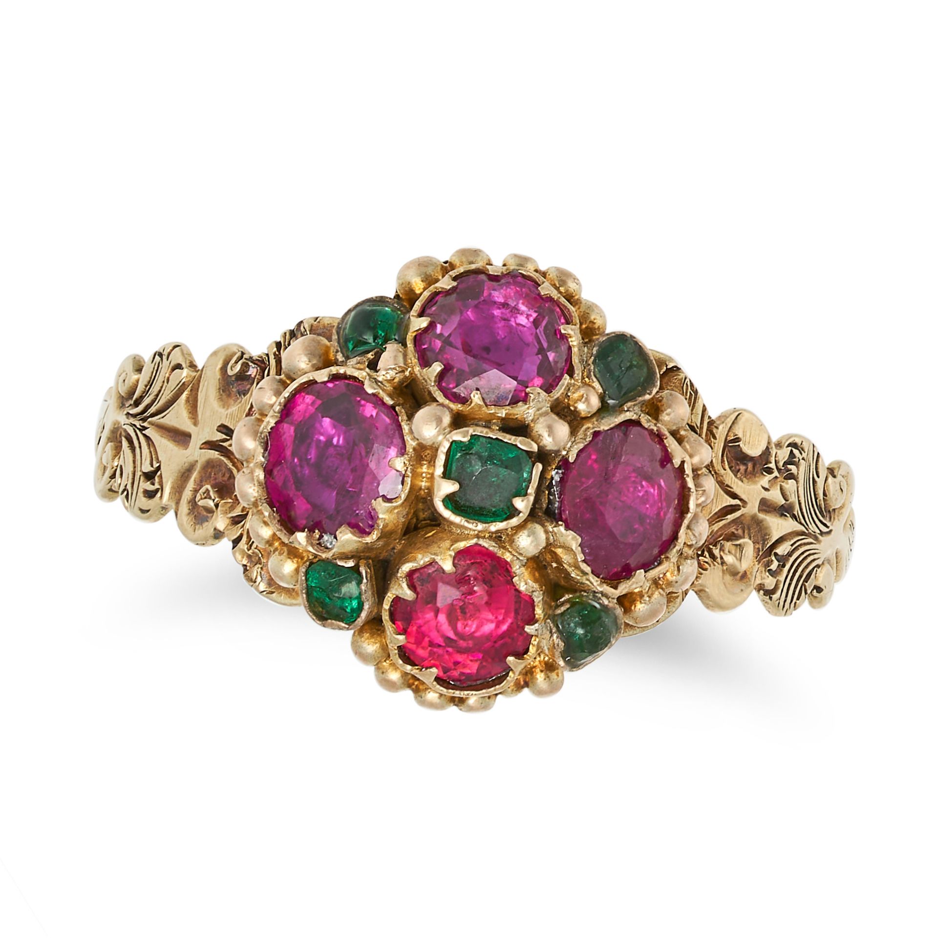 AN ANTIQUE VICTORIAN RUBY AND EMERALD RING in 9ct yellow gold, set with four round cut rubies, ac...