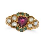 AN ANTIQUE GARNET, PEARL AND EMERALD RING in 15ct yellow gold, set with a pear cut garnet accente...