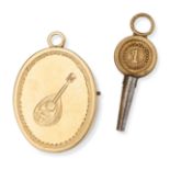 AN OVAL MECHANICAL MUSIC BOX in yellow gold, with an engraved lute to the top face, playing a twi...