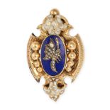 AN ANTIQUE VICTORIAN ENAMEL AND DIAMOND BROOCH in yellow gold, the stylised brooch decorated with...