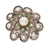 ATTR KARL ROTHMULLER, A FINEANTIQUE NATURAL SALTWATER PEARL, RUBY AND DEMANTOID GARNET BROOCH in ...