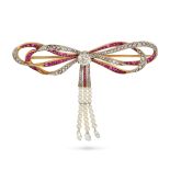 AN ANTIQUE BELLE EPOQUE DIAMOND, RUBY AND PEARL BOW BROOCH in yellow gold and platinum, set to th...