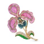 AN ENAMEL AND DIAMOND FLOWER BROOCH in yellow gold, designed as a tropical flower decorated with ...