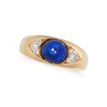 A SAPPHIRE AND DIAMOND GYSPY RING in 18ct yellow gold, set with a cabochon sapphire between two h...