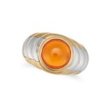 MAUBOUSSIN, A FIRE OPAL RING in 18ct yellow and white gold, the ridged band set with a round cabo...