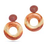 HEMMERLE, A PAIR OF JADE EARRINGS in 18ct white gold and copper, each set with a cabochon brown h...