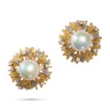 CHARLES DE TEMPLE, A PAIR OF PEARL AND DIAMOND EARRINGS in 18ct yellow and white gold, each set w...