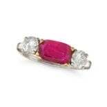 BULGARI, A BURMA NO HEAT RUBY AND DIAMOND RING in platinum and 18ct yellow gold, set with a cushi...