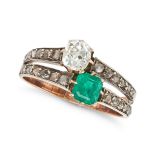 AN ANTIQUE FRENCH EMERALD AND DIAMOND RING in 18ct rose gold, set with an old cut diamond of appr...