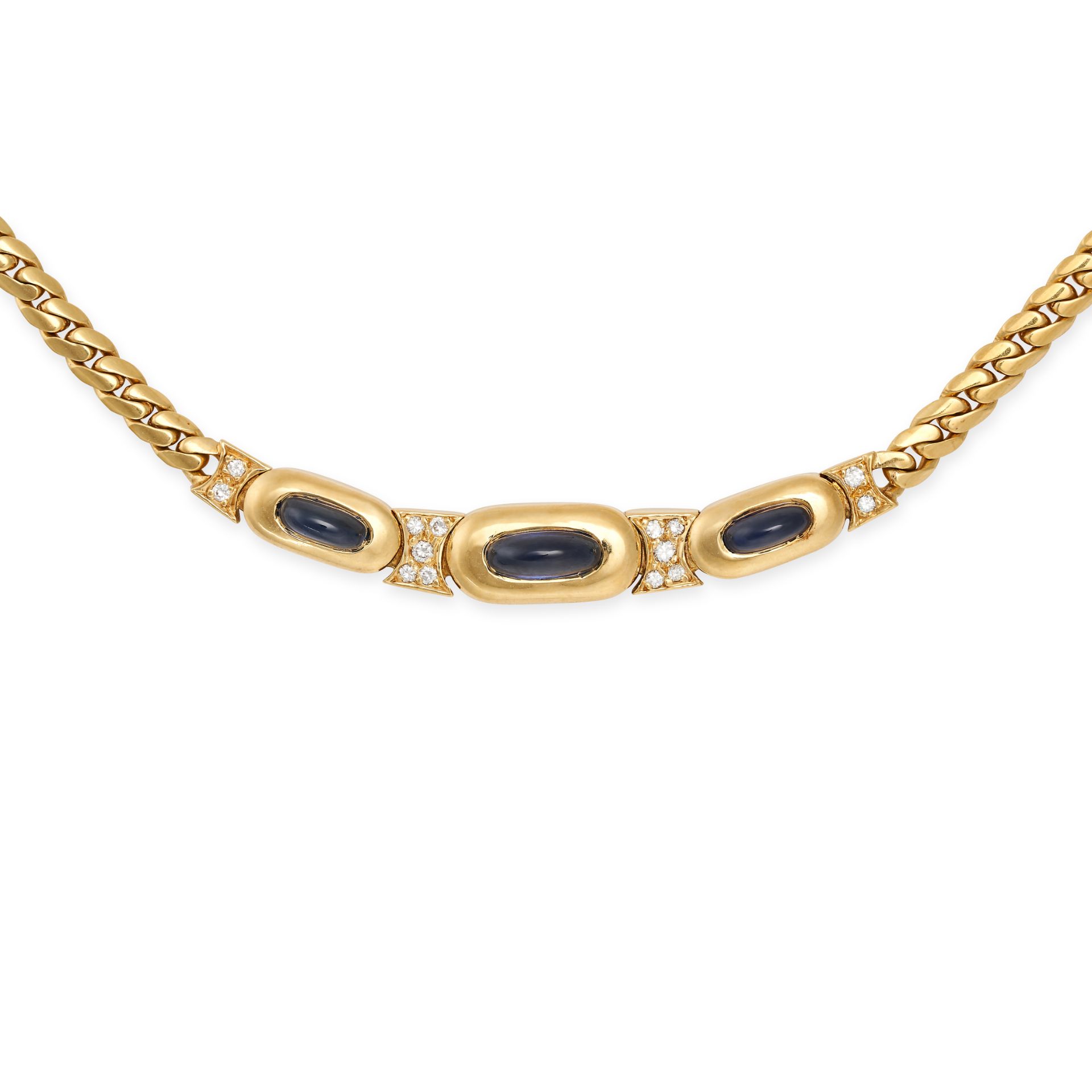 BOUCHERON, A SAPPHIRE AND DIAMOND NECKLACE in 18ct yellow gold, set with three cabochon sapphires...