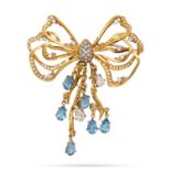 CHARLES DE TEMPLE, A VINTAGE AQUAMARINE AND DIAMOND BOW BROOCH in 18ct yellow gold, designed as a...