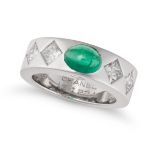 CHANEL, AN EMERALD AND DIAMOND RING in 18ct white gold, set with an oval cabochon emerald accente...